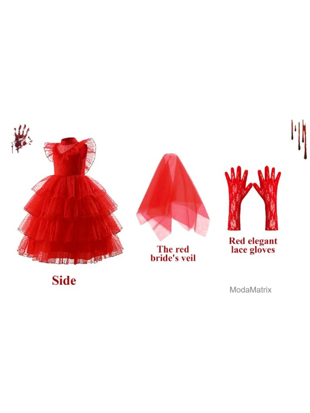 Red Tulle Princess Dress with Veil and Gloves, Stand Collar Maxi Halloween